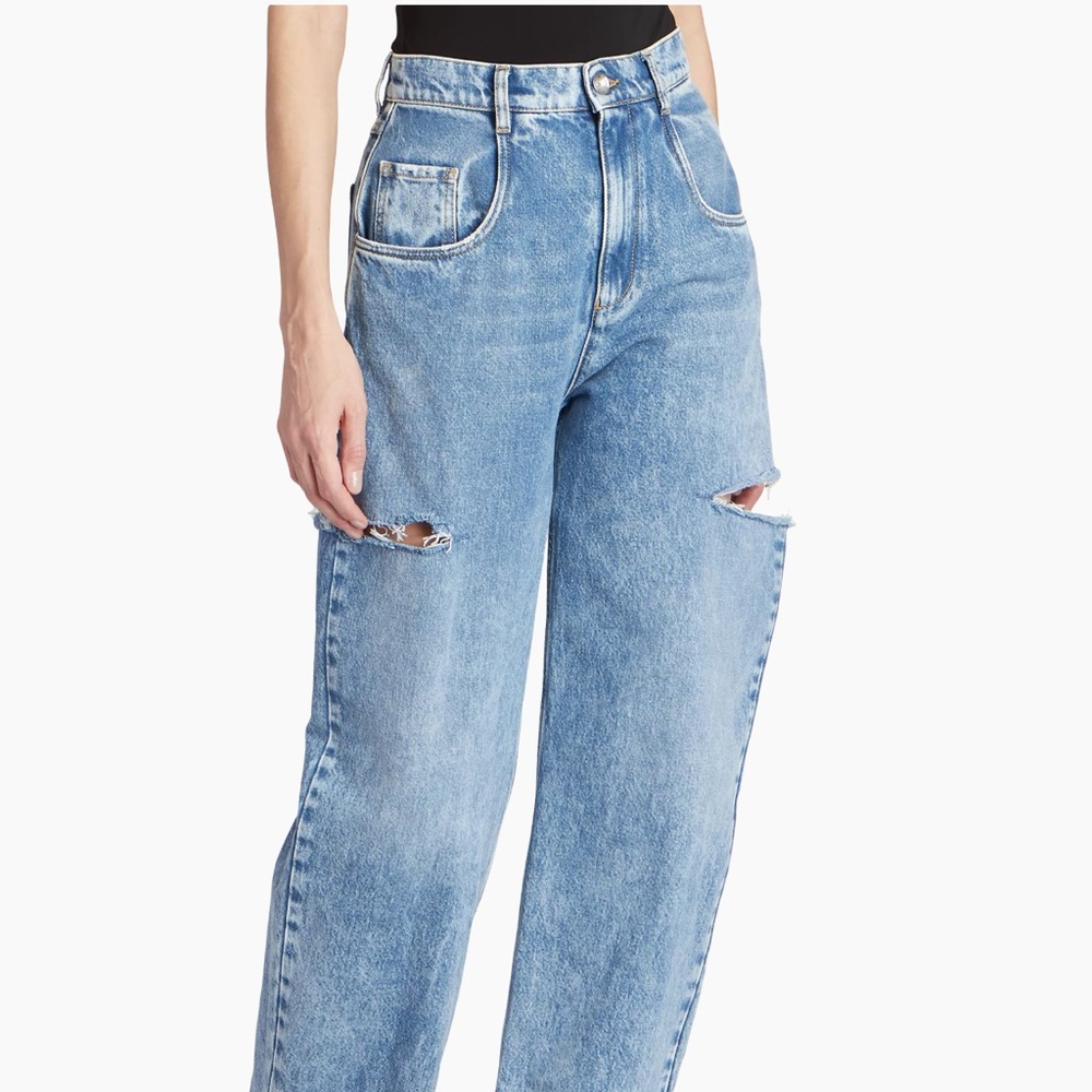 Blue Straight Leg Jeans with Distressed Details